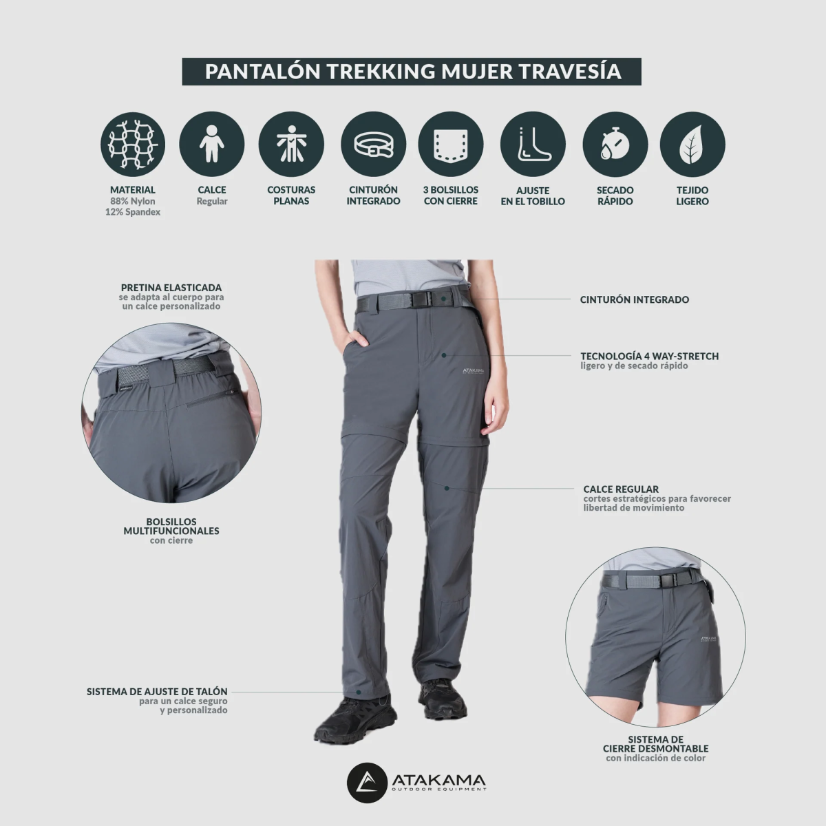 PANTALON DESMONTABLE ATAKAMA TREKKING MUJER TRAVESIA GRIS - Imagen 9