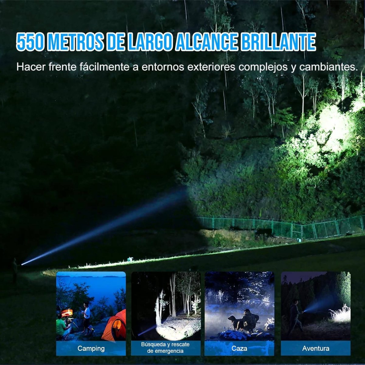 Linterna LED táctica recargable 1800 lúmenes largo alcance 550 m con 6 modos y batería de larga duración - Imagen 8