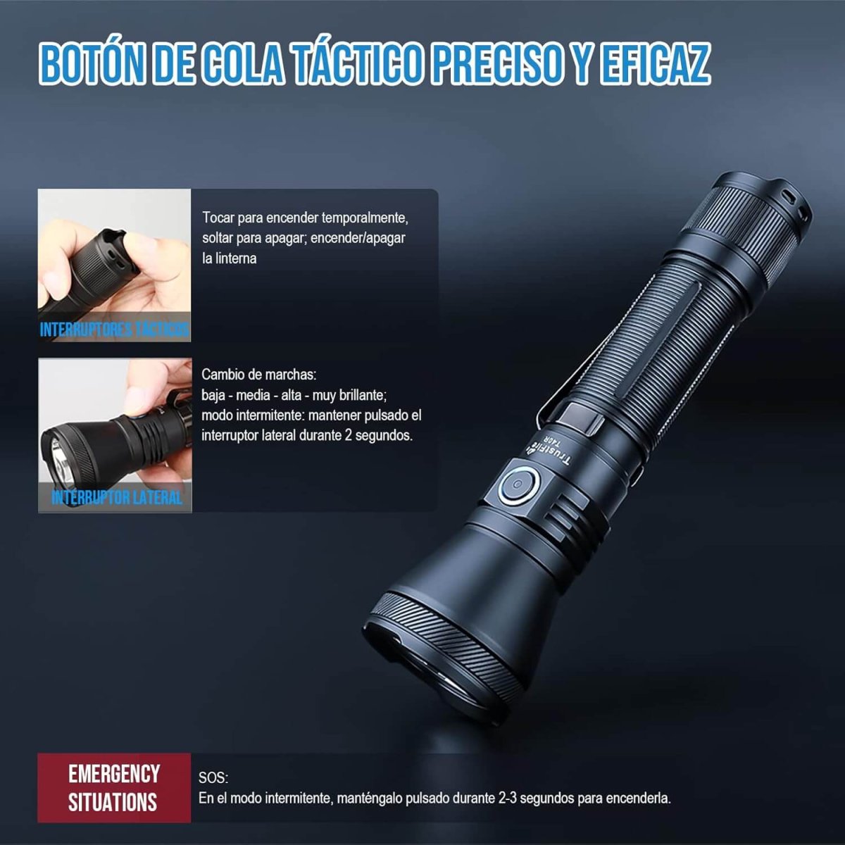 Linterna LED táctica recargable 1800 lúmenes largo alcance 550 m con 6 modos y batería de larga duración - Imagen 7