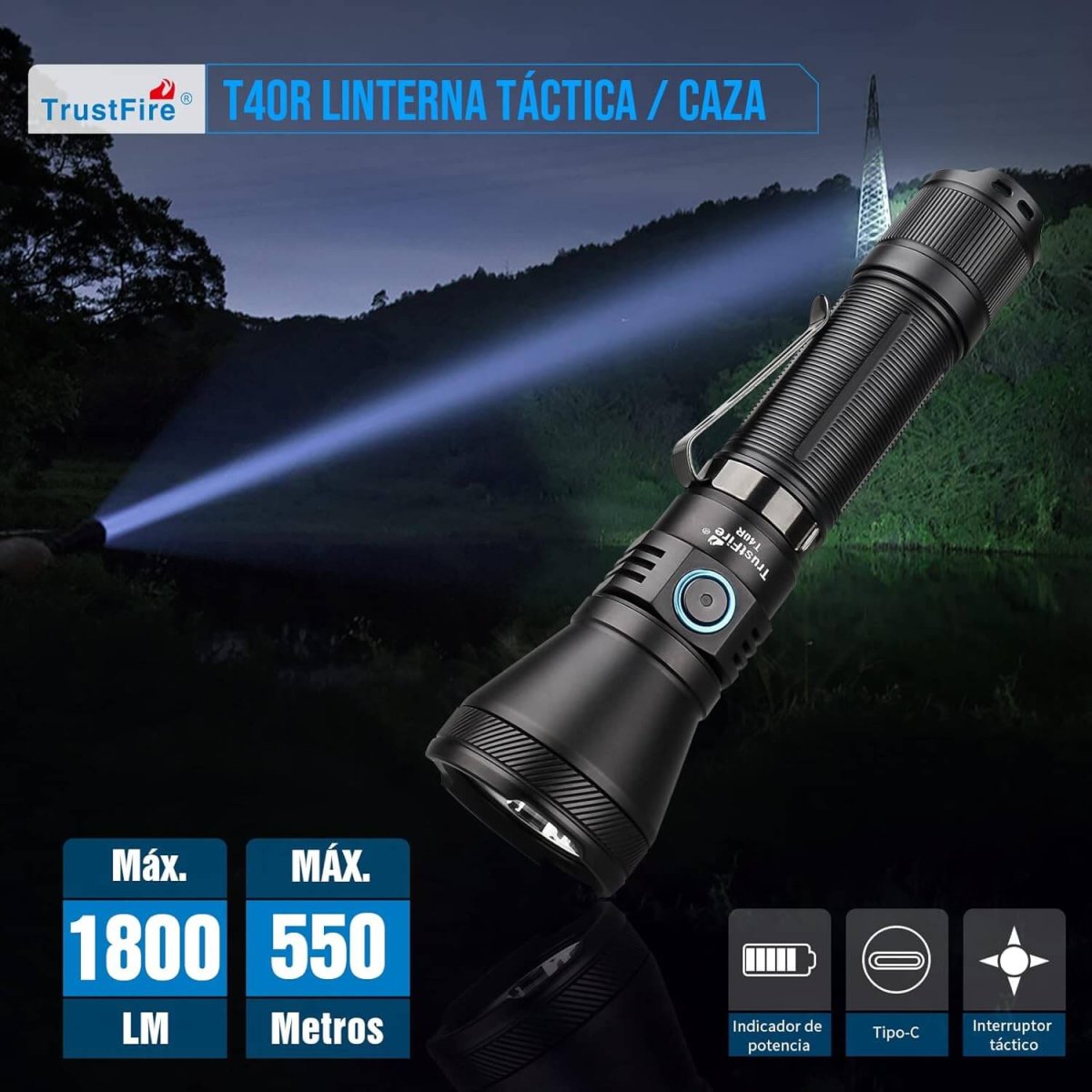 Linterna LED táctica recargable 1800 lúmenes largo alcance 550 m con 6 modos y batería de larga duración - Imagen 5