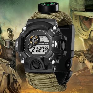 Reloj de Supervivencia 8 en 1 con Paracord, Brújula, Pedernal y Silbato 3ATM