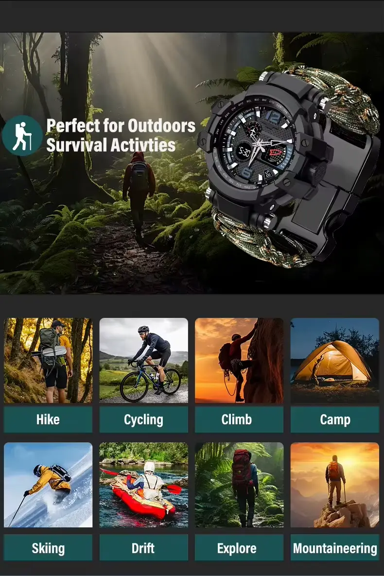 Reloj de Supervivencia Multifunción con Paracord, Brújula, Termómetro y Pedernal 5ATM - Imagen 5