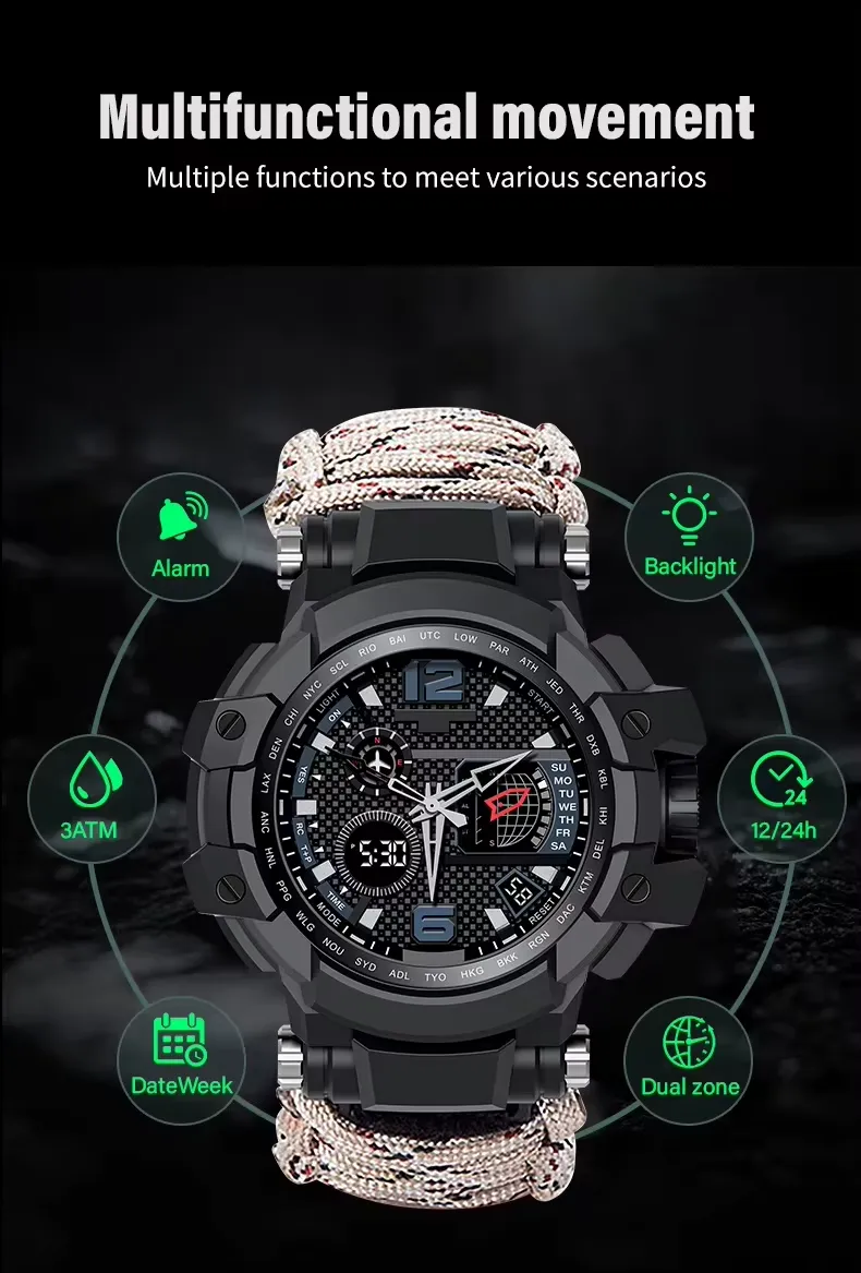 Reloj de Supervivencia Multifunción con Paracord, Brújula, Termómetro y Pedernal 5ATM - Imagen 6