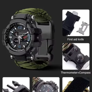 Reloj de Supervivencia Multifunción con Paracord, Brújula, Termómetro y Pedernal 5ATM