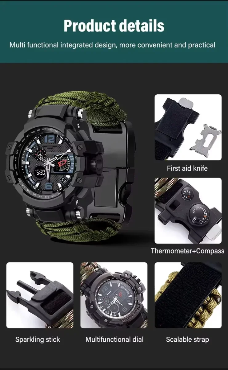 Reloj de Supervivencia Multifunción con Paracord, Brújula, Termómetro y Pedernal 5ATM